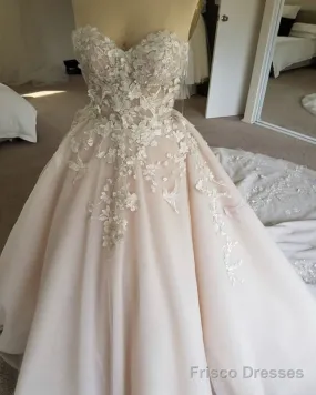 3D Floral Lace Flowers Sweetheart Wedding Ball Gown Dress