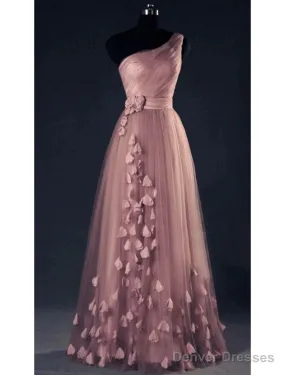 A-Line Prom Dresses Floral Dress Wedding Guest Prom Floor Length Sleeveless One Shoulder Tulle With Appliques