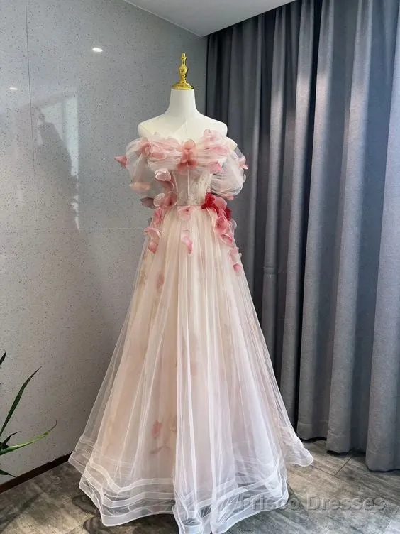 Ball Gown Champagne Tulle Floral Prom Dress