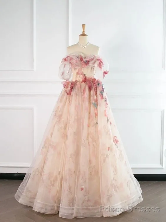 Ball Gown Champagne Tulle Floral Prom Dress