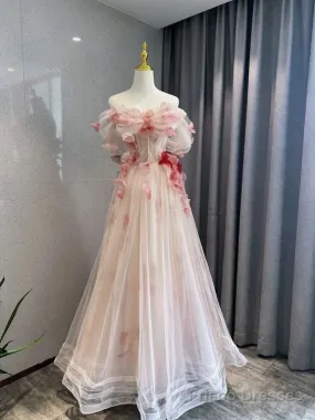 Ball Gown Champagne Tulle Floral Prom Dress