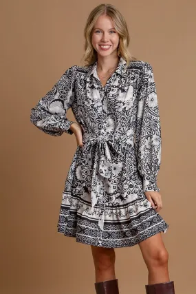 Black & White Floral Border Print Tie Waist Mini Dress