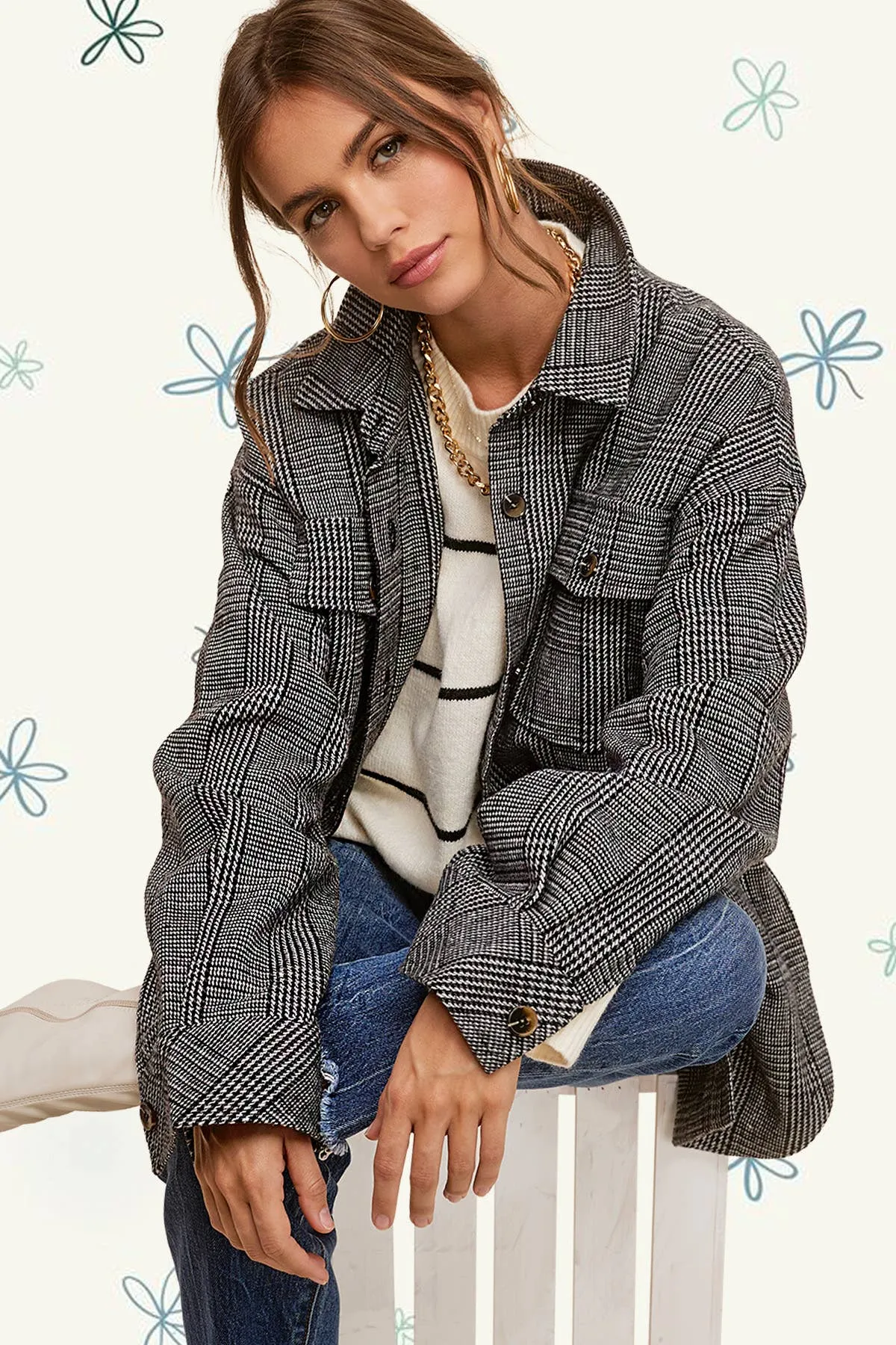 Brown Classic Button Down Plaid Shacket with Side Pockets