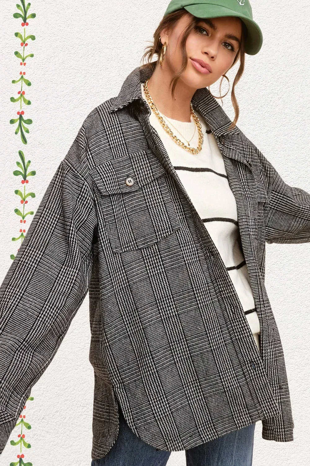 Brown Classic Button Down Plaid Shacket with Side Pockets