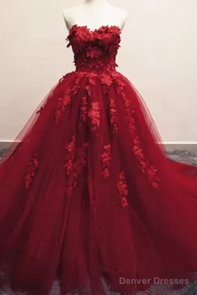 Burgundy Floral Lace Sweetheart Tulle Ball Gown Wedding Dresses