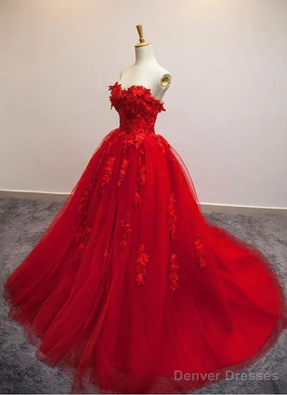 Burgundy Floral Lace Sweetheart Tulle Ball Gown Wedding Dresses