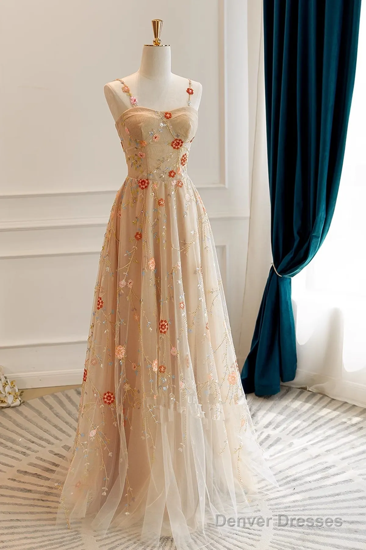 Champagne Floral Tulle Straps Sweetheart Wedding Party Dress, A-Line Tulle Long Prom Dress