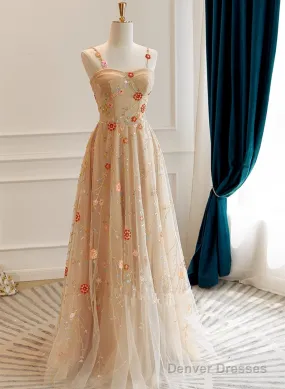 Champagne Floral Tulle Straps Sweetheart Wedding Party Dress, A-Line Tulle Long Prom Dress