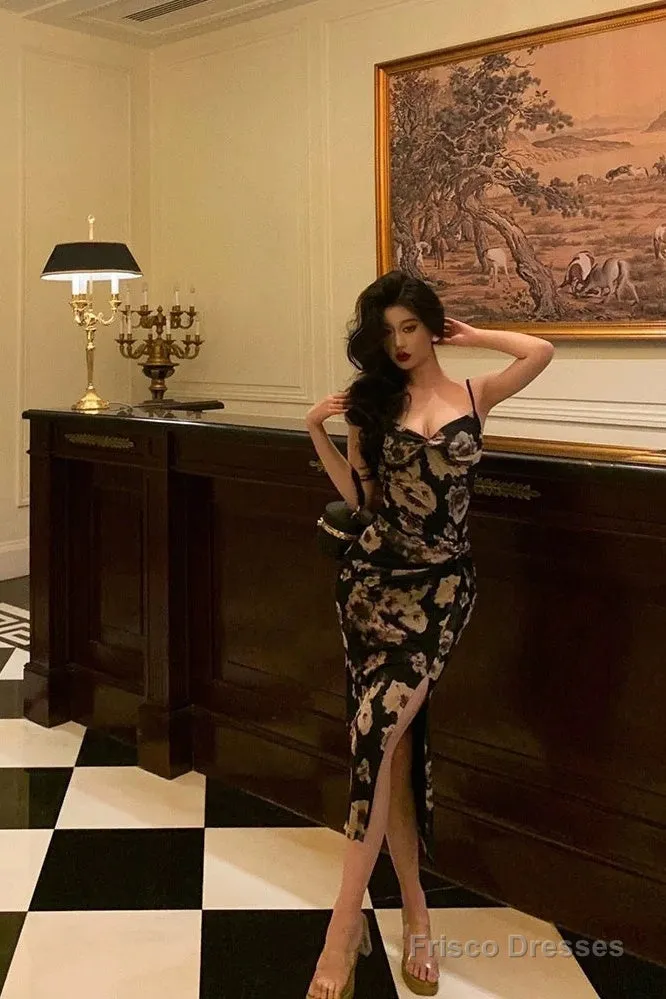 Classy Sheath Spaghetti Straps Floral Prom Dresses Birthday Outfits