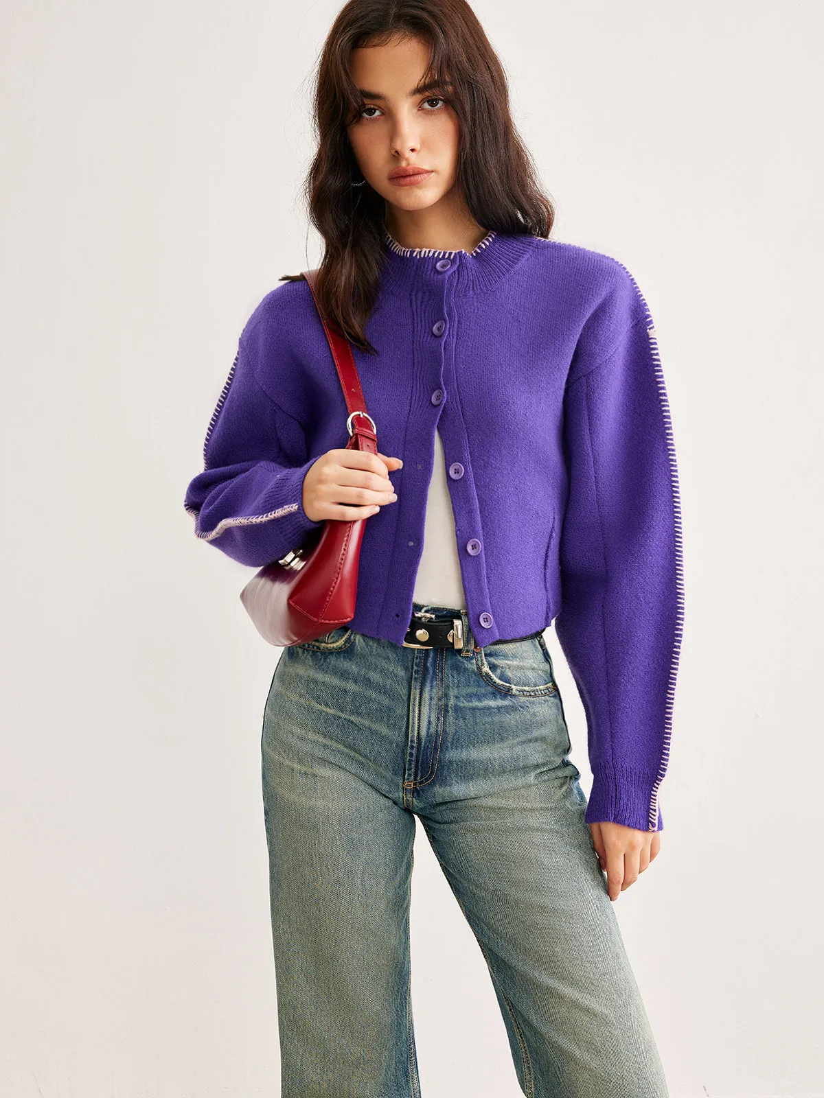Contrast Trim Breasted Crop Cardigan