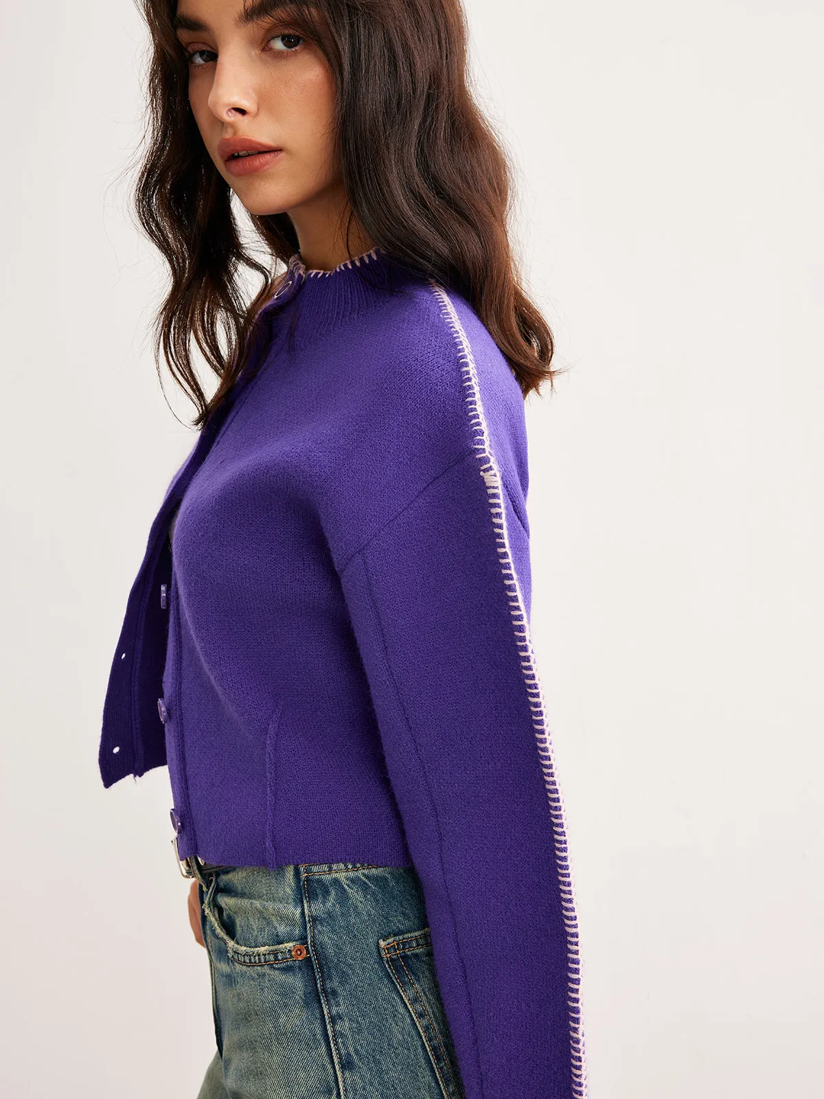 Contrast Trim Breasted Crop Cardigan