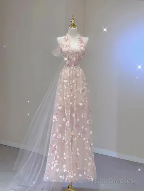 Elegant A Line Halter Tulle Floral Pink Prom Dress