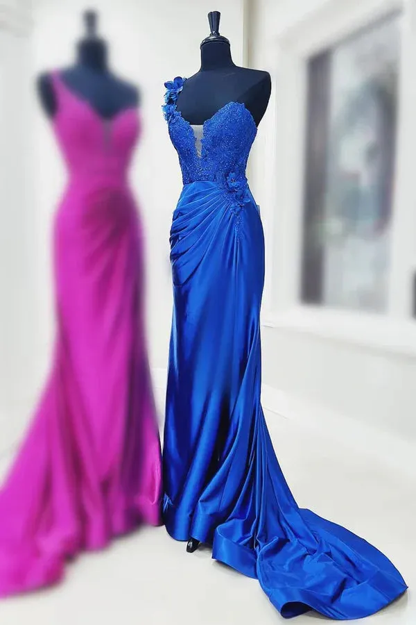 Fashion One-Shoulder Prom Dresses 3D Floral Lace Pleated Long Gown Evening Dress with Slit