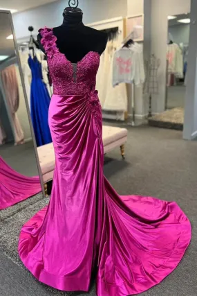 Fashion One-Shoulder Prom Dresses 3D Floral Lace Pleated Long Gown Evening Dress with Slit