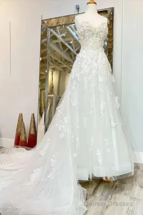 Floral Applique Sweetheart Long Wedding Dress With Sweeping Train