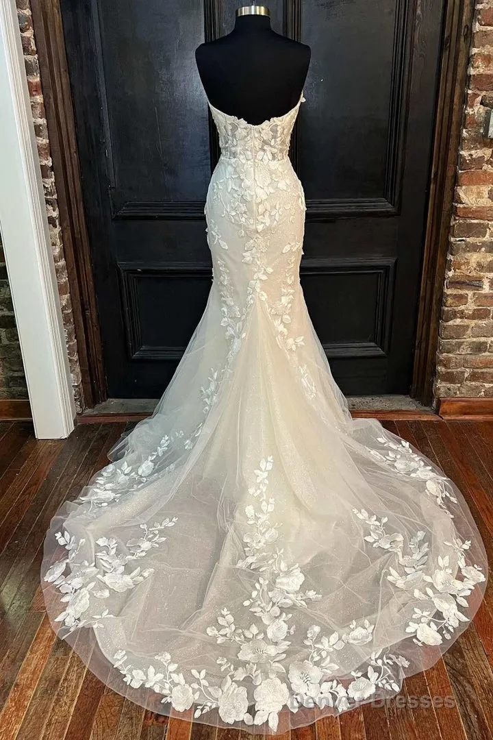 Floral Lace Strapless Mermaid Long Bridal Gown Wedding Dresses Off Shoulder