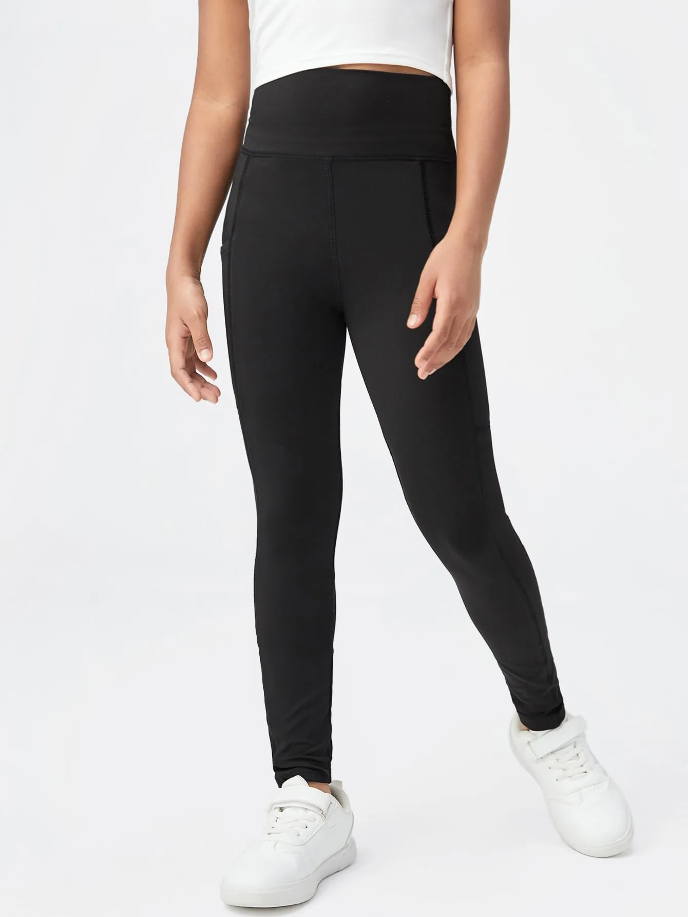 Girls' High Waist Bodycon Leggings - Solid Color, Pocket, Long, Slight Stretch