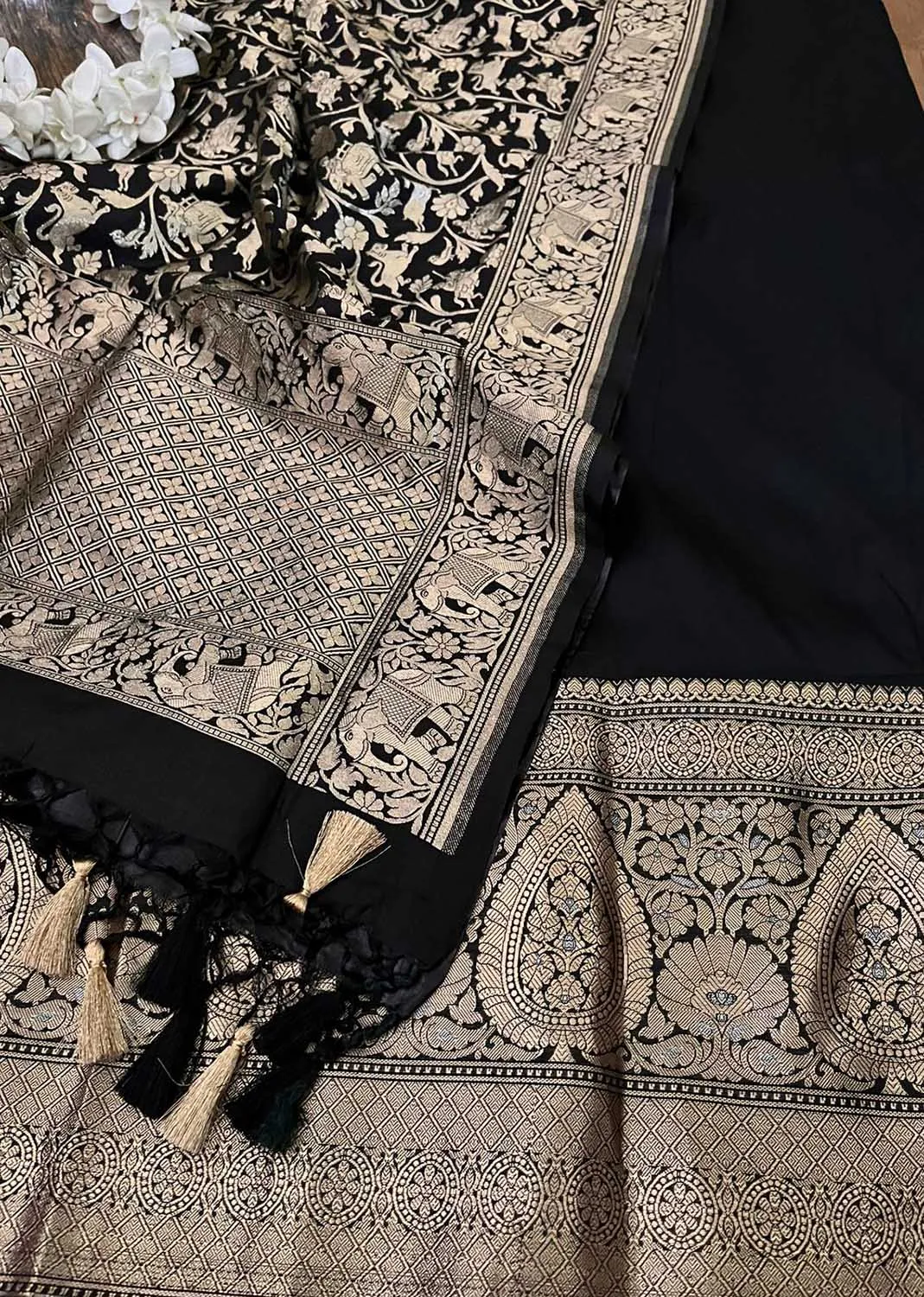 Graceful Black Banarasi Silk Three Piece Unstitched Suit Set