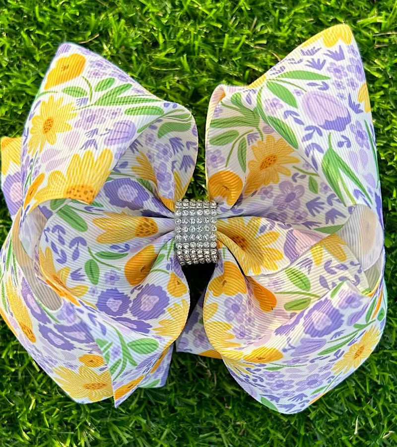 Green, yellow and purple floral printed double layer hair bows. 4pcs/$10.00 BW-DSG-1022.