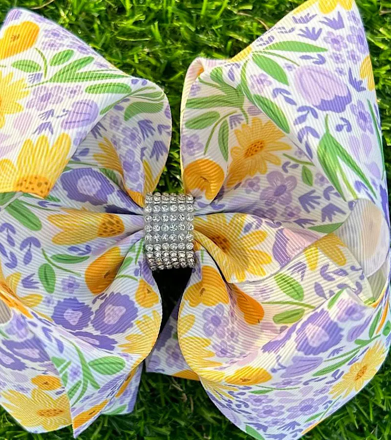 Green, yellow and purple floral printed double layer hair bows. 4pcs/$10.00 BW-DSG-1022.