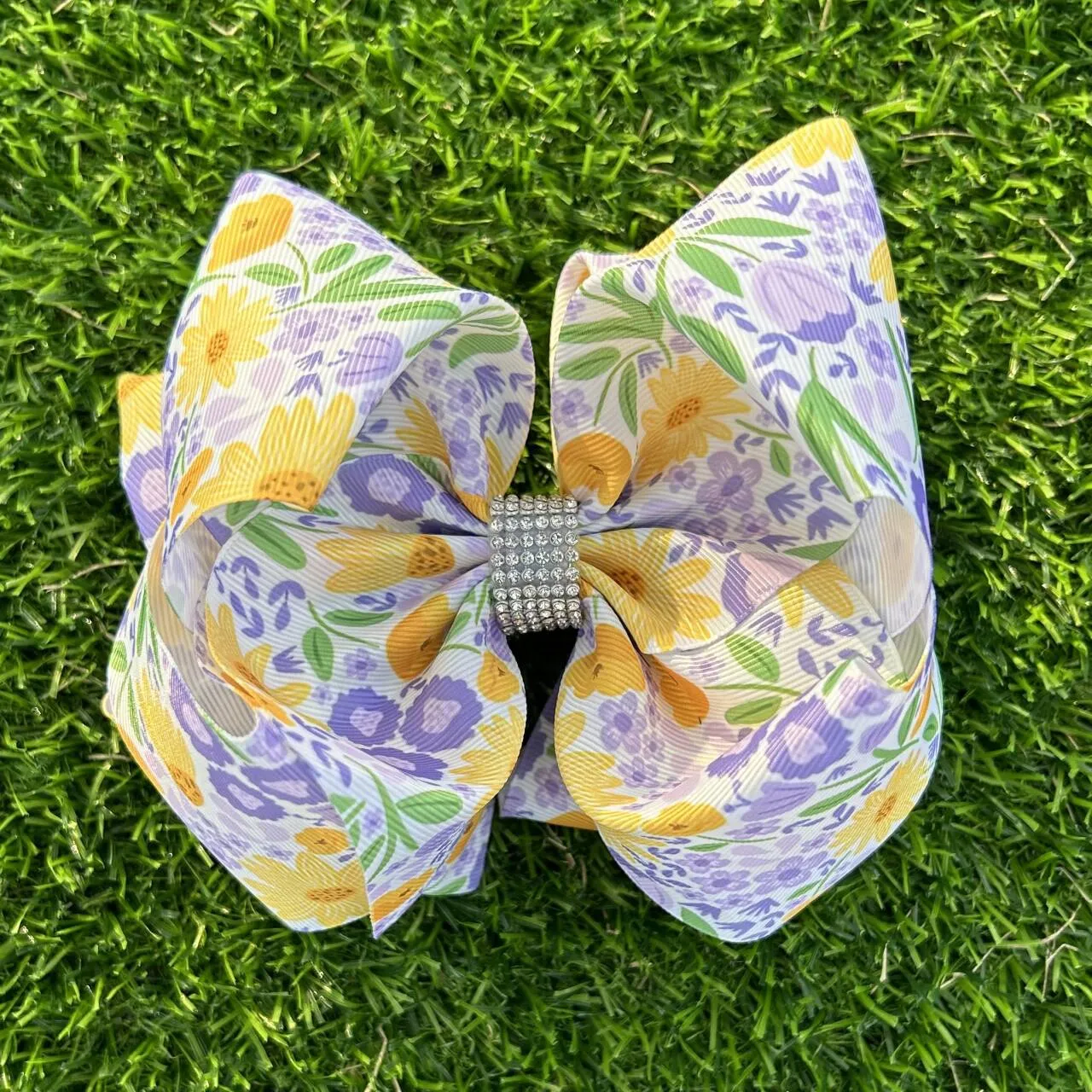 Green, yellow and purple floral printed double layer hair bows. 4pcs/$10.00 BW-DSG-1022.