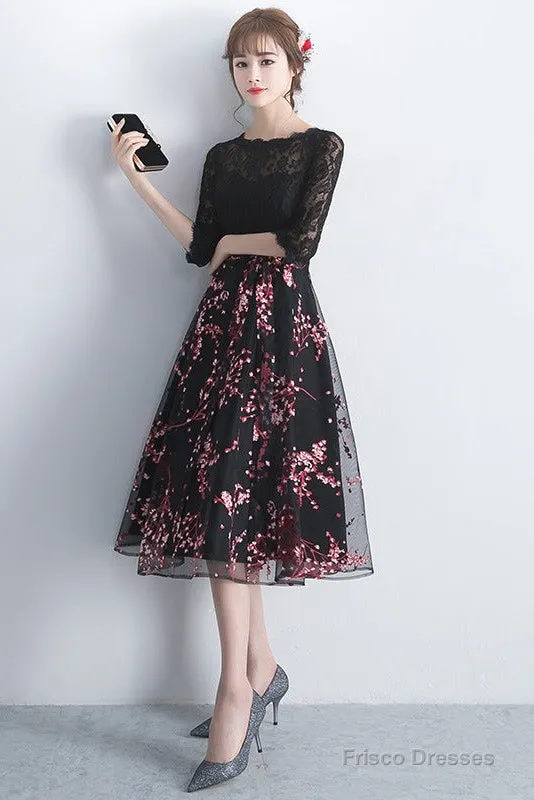 Lovely Black Lace Short Sleeves Floral Tulle Party Dress, Black Party Dress Prom Dress