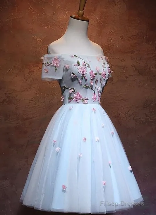 Lovely Light Blue Tulle Knee Length Homecoming Dress, Cute Floral Party Dress