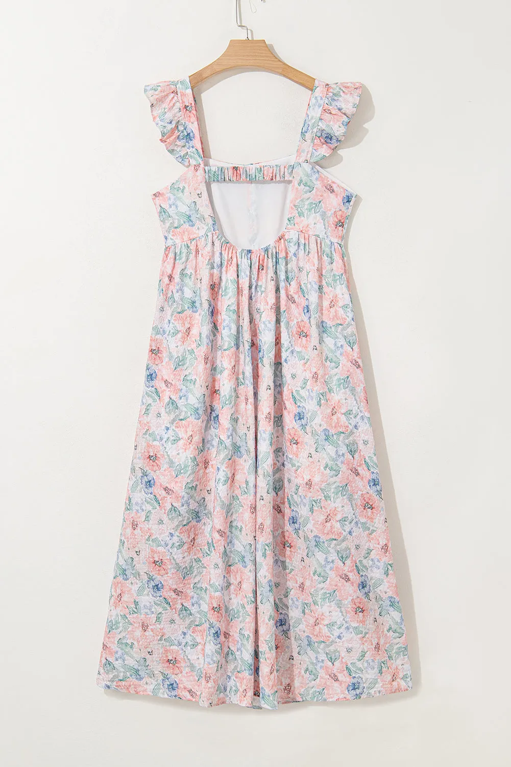 Pink Floral Print Square Neck Backless Long Dress with Slit