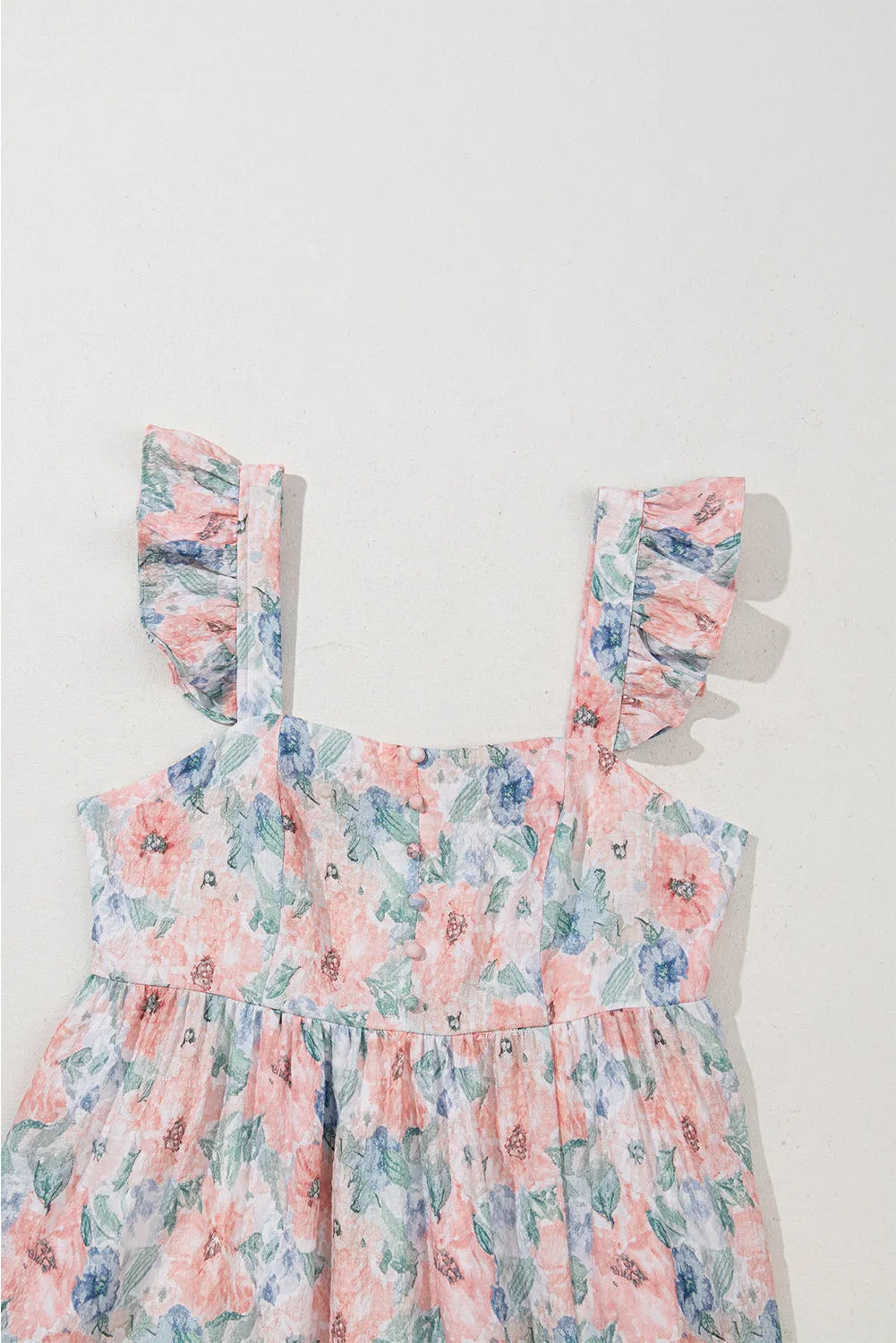 Pink Floral Print Square Neck Backless Long Dress with Slit