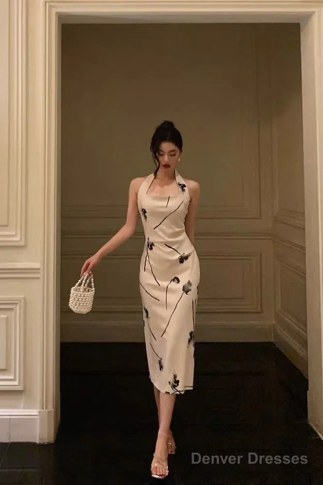 Pretty Sheath Halter Satin Floral Prom Dresses Birthday Outfits Evening Gown