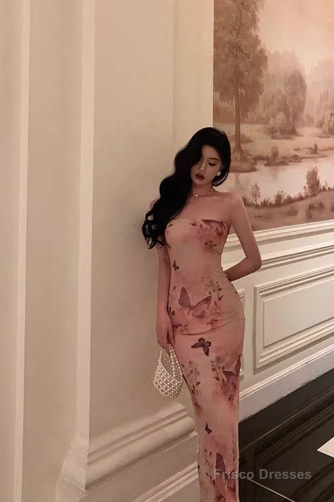 Pretty Sheath Strapless Pink Floral Date Night Dress Prom Dresses Birthday Party Outfit