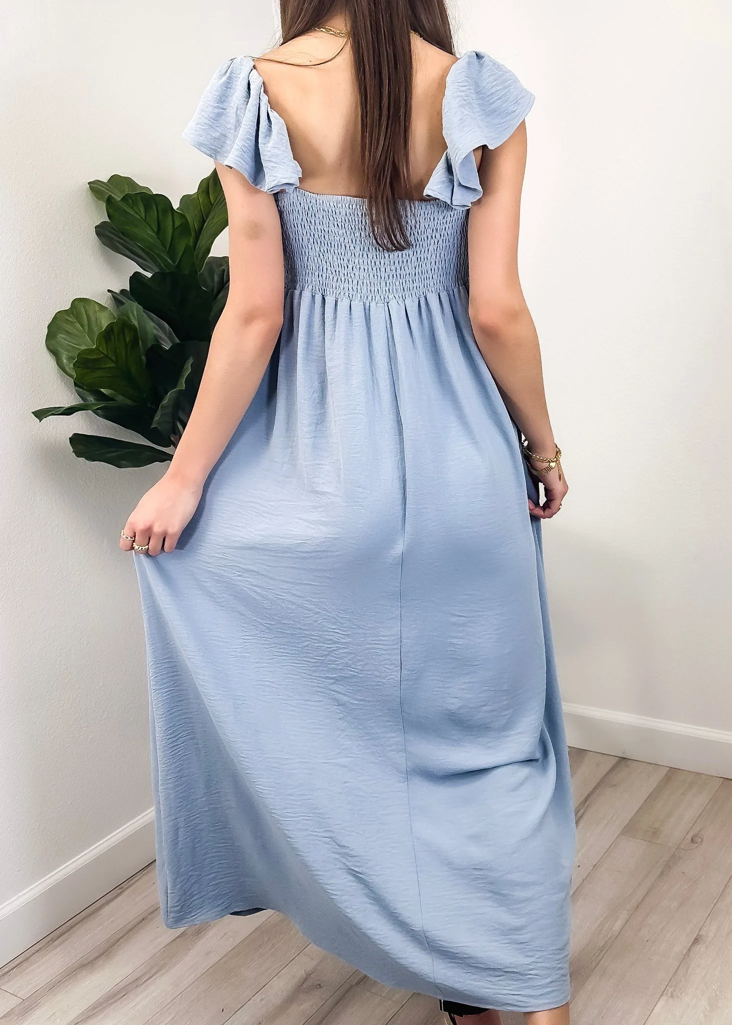 Ruffled Cap Sleeve Maxi Slit Dress by Anna-Kaci
