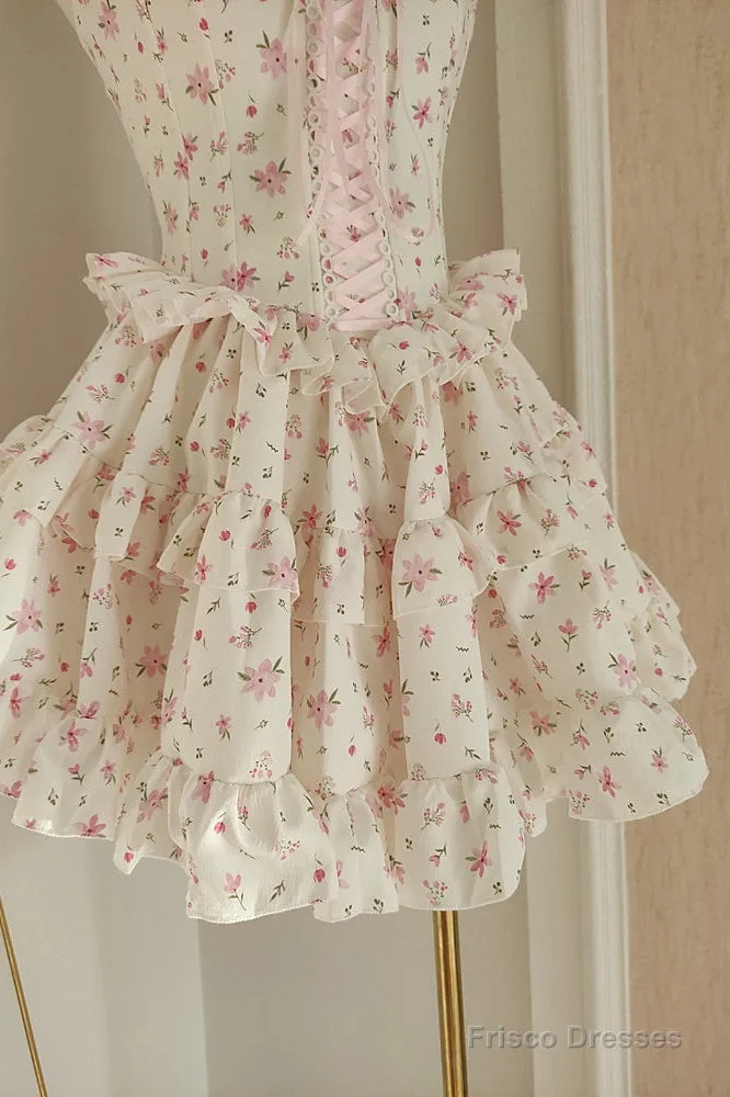 Sexy A Line Strapless Floral Holiday Dress Travel Vacation Dresses Short Chiffon Birthday Dress