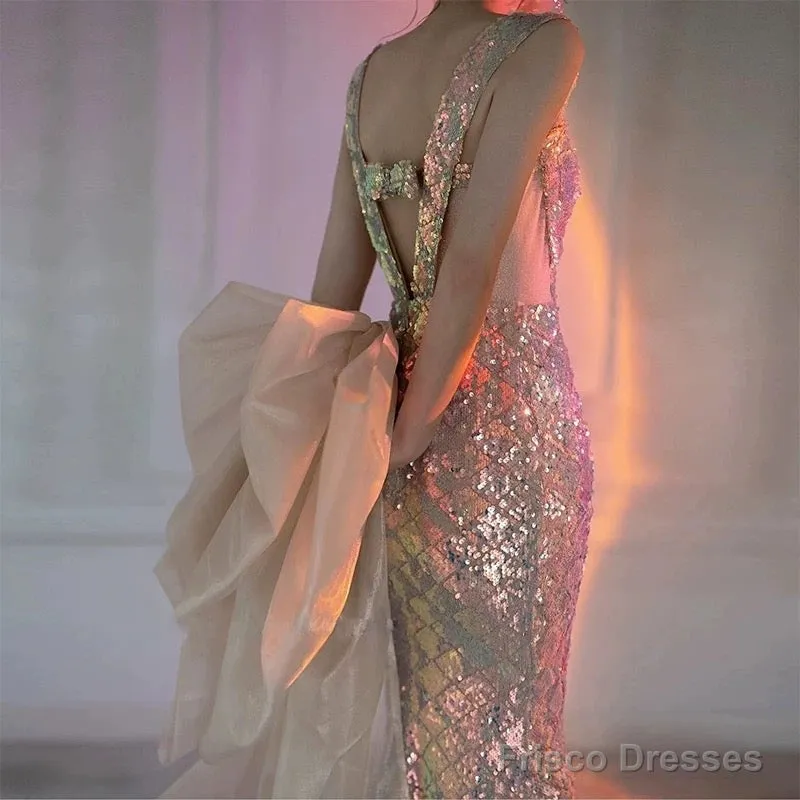 Sexy Mermaid Square Neckline Sequin Floor Length Floral Prom Dresses