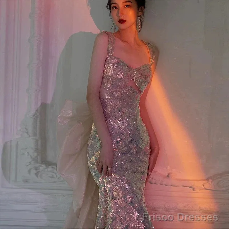 Sexy Mermaid Square Neckline Sequin Floor Length Floral Prom Dresses