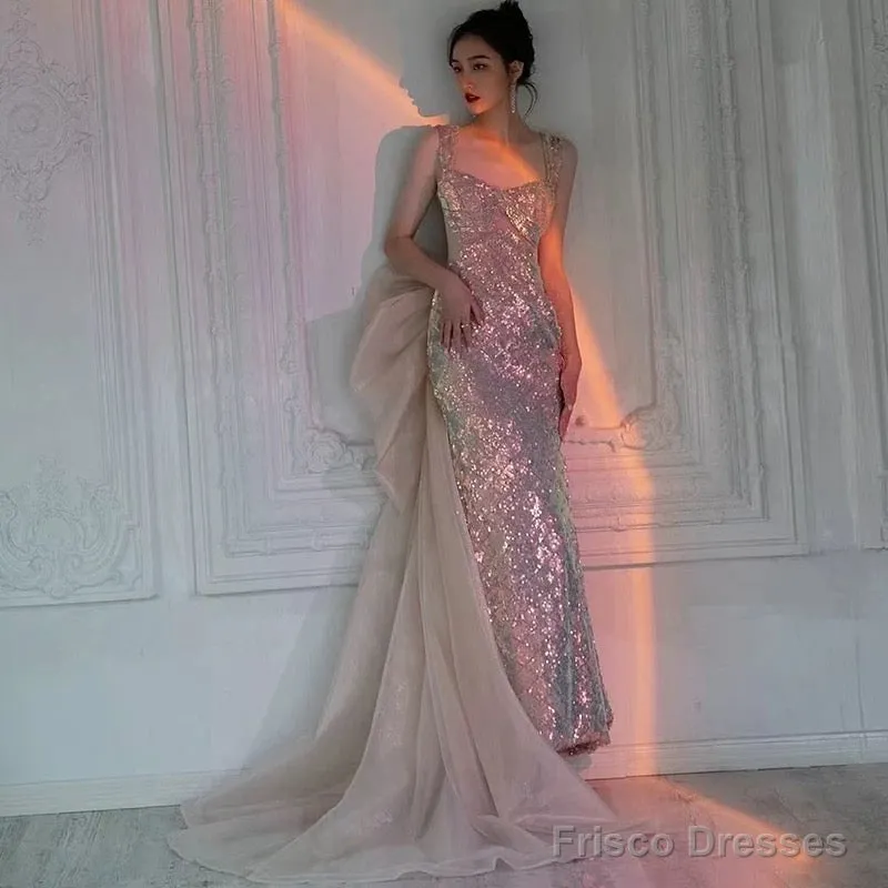 Sexy Mermaid Square Neckline Sequin Floor Length Floral Prom Dresses