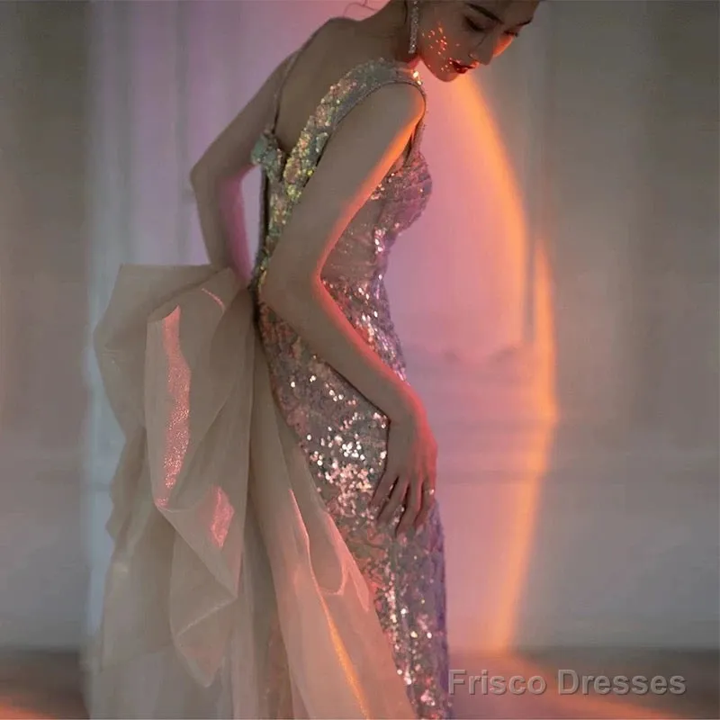 Sexy Mermaid Square Neckline Sequin Floor Length Floral Prom Dresses
