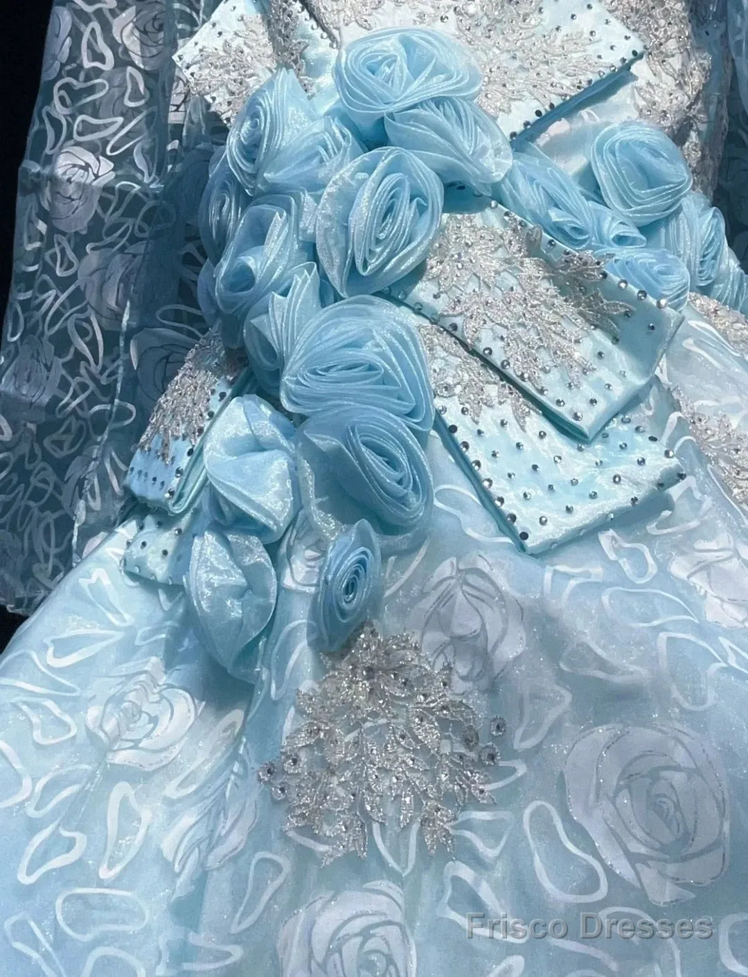 Sky Blue Mermaid Spaghetti Straps Organza Diamond Long Prom Dress Lace Floral Evening Gown