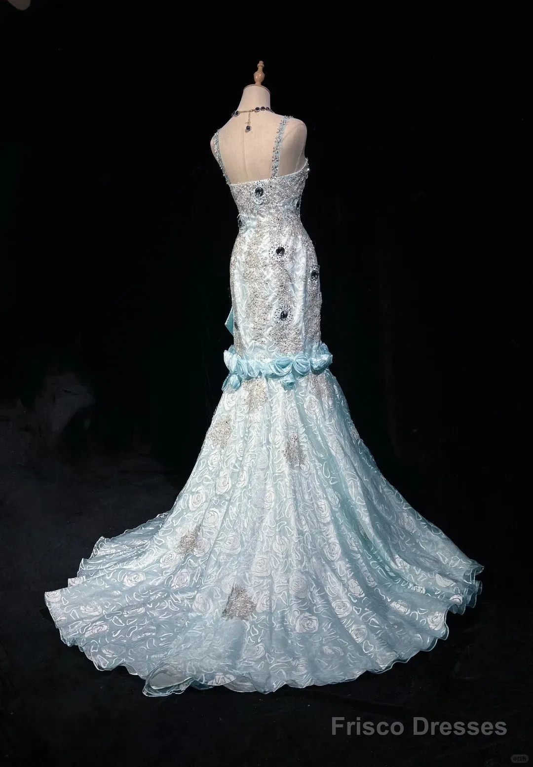 Sky Blue Mermaid Spaghetti Straps Organza Diamond Long Prom Dress Lace Floral Evening Gown