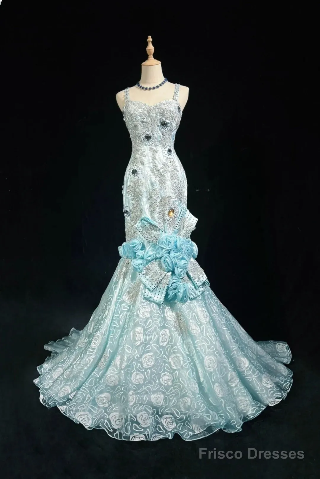 Sky Blue Mermaid Spaghetti Straps Organza Diamond Long Prom Dress Lace Floral Evening Gown