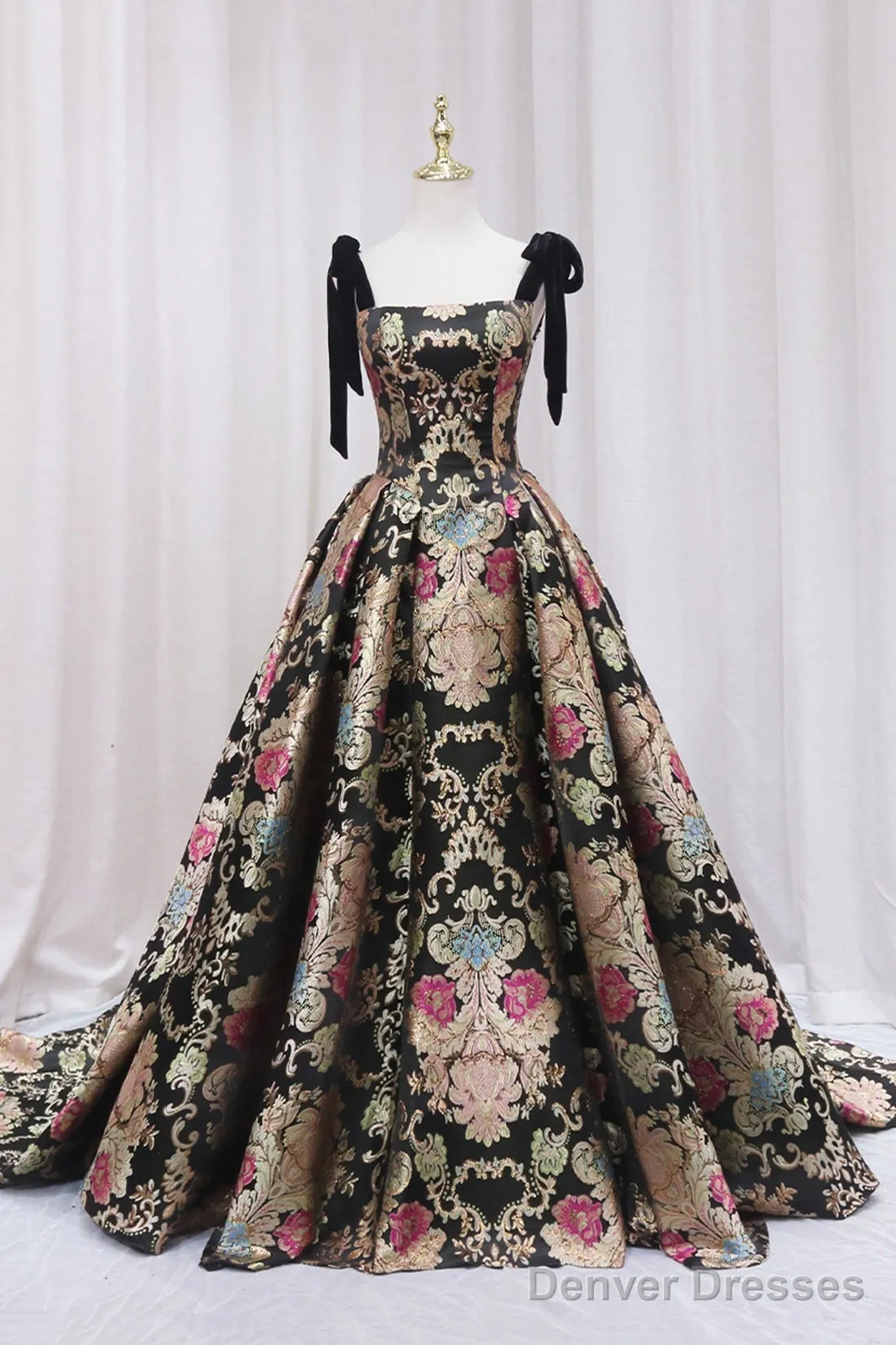 Unique Floral Floor Length Prom Dress, A-Line Black Evening Dress