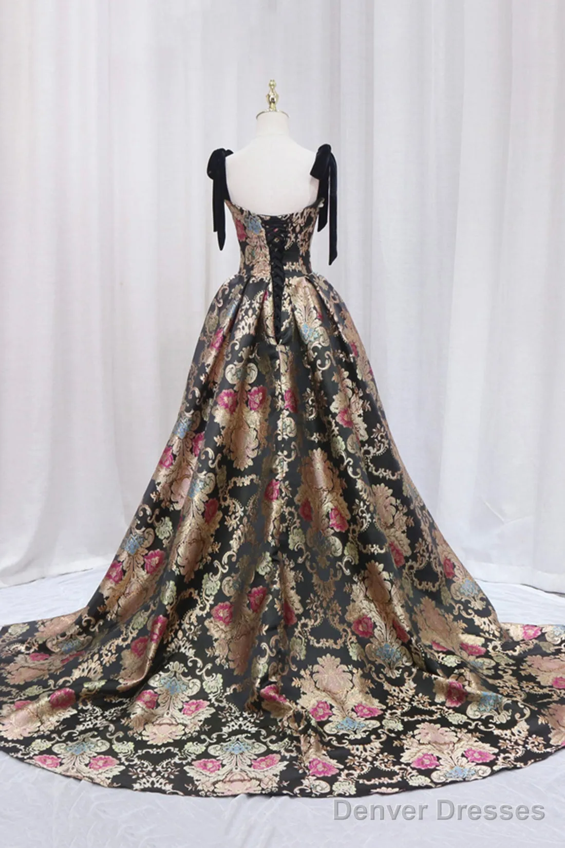Unique Floral Floor Length Prom Dress, A-Line Black Evening Dress