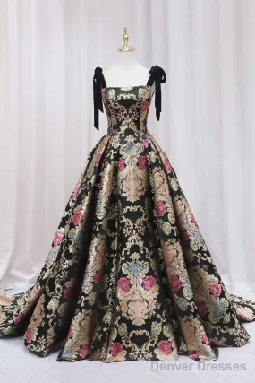 Unique Floral Floor Length Prom Dress, A-Line Black Evening Dress