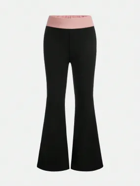 Vintage Colorblock Knitted Flare Leggings for Tween Girls - Streetwear, Long, Stretchy